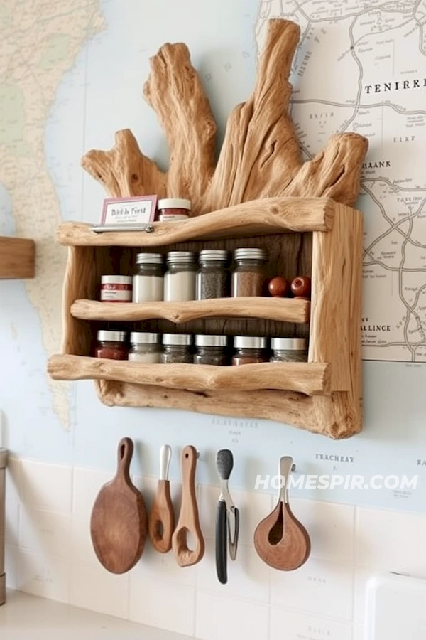 Carved Driftwood Spice Organizer on Nautical Map