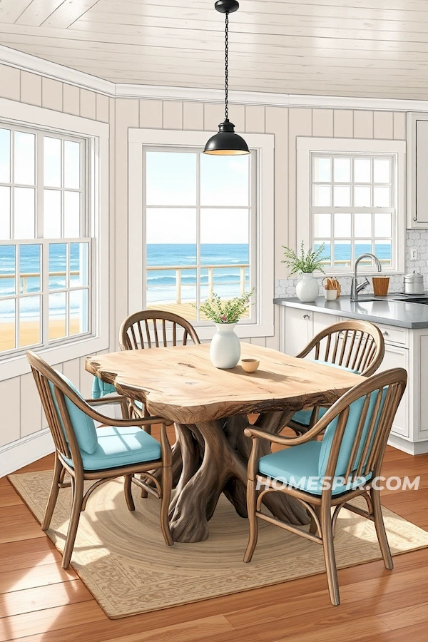 Coastal Dining Nook with Rustic Driftwood Table