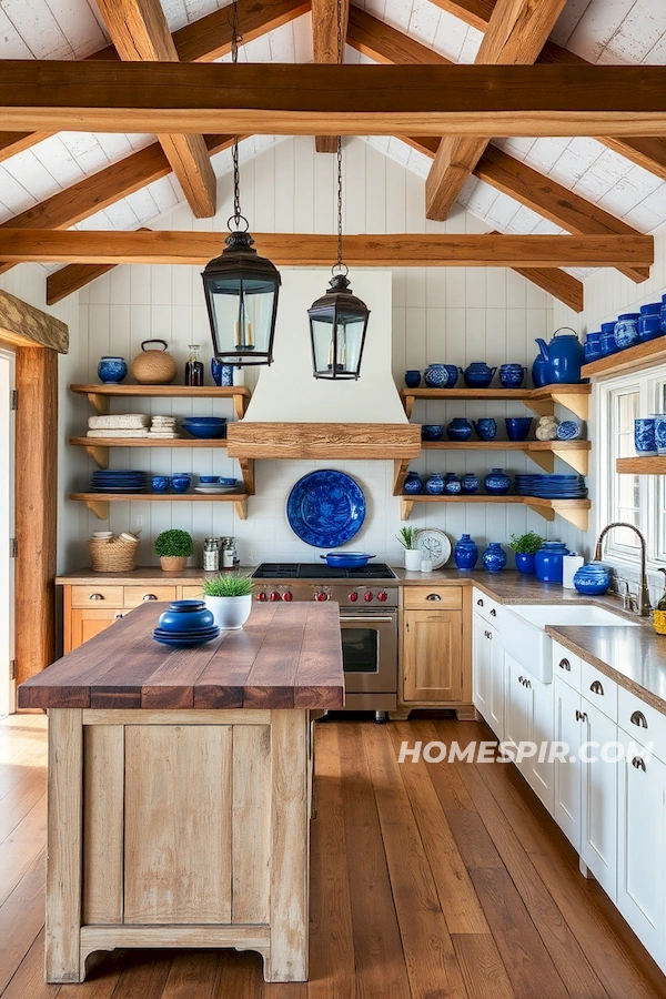 Cobalt Blue Pottery in Rustic Beach Kitchen