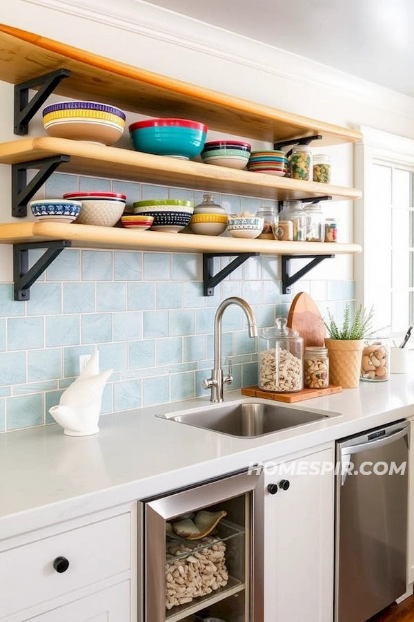 Colorful Bowls on Surfboard Inspired Kitchen Shelves