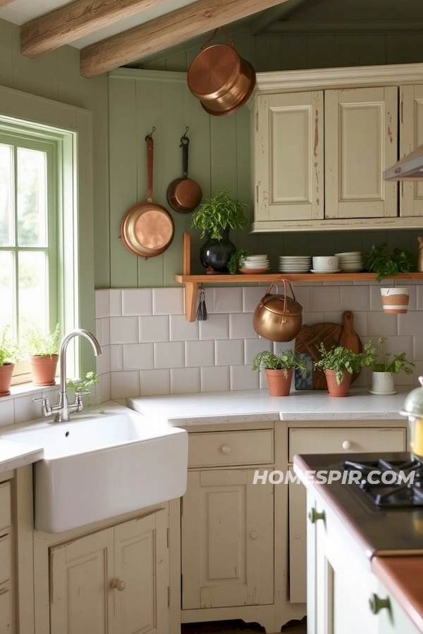 Copper Cookware and Herbal Touch in Earthy Kitchen