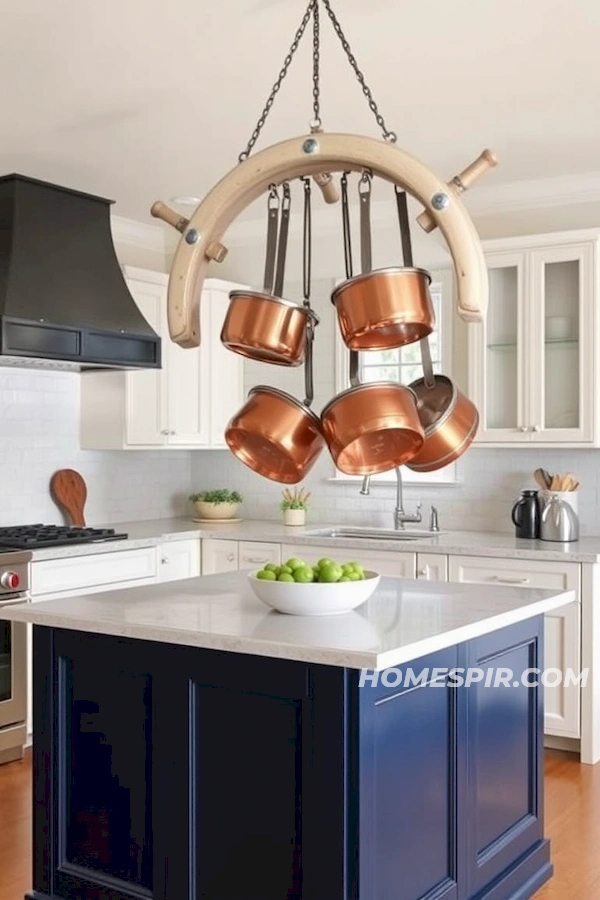 Copper Pots on Ship Wheel Hanging Rack