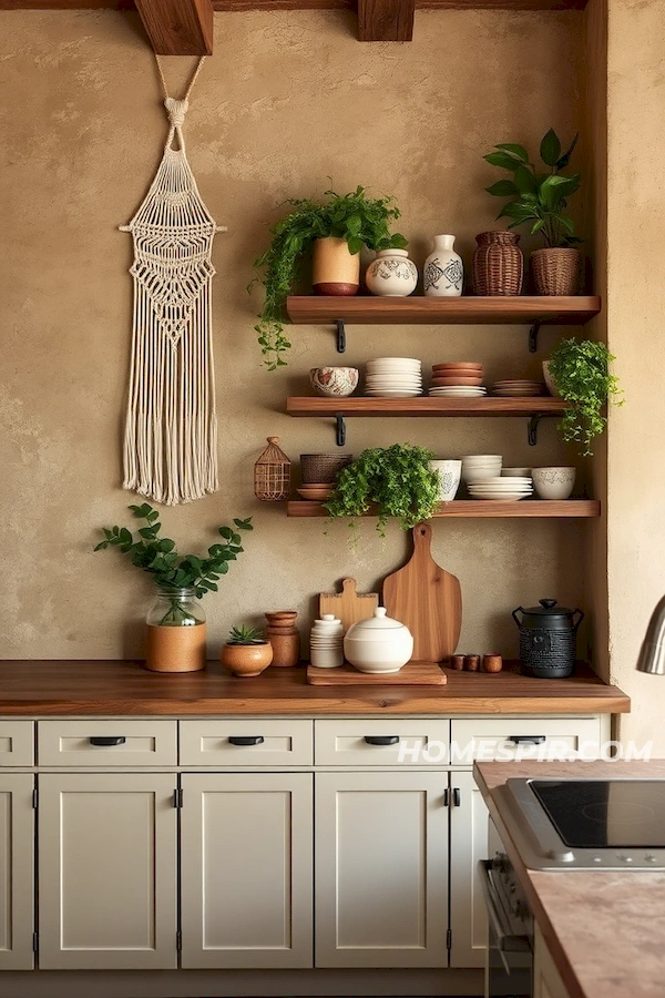 Cozy Boho Kitchen Featuring Earthy Textured Walls