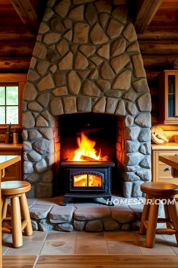 Cozy Hearth Center in Log Home Kitchen