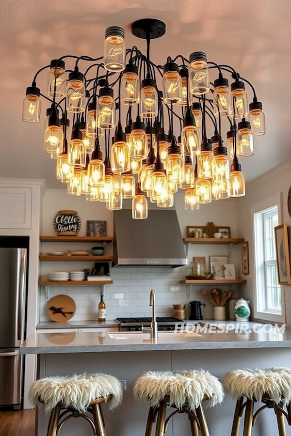 Creative Mason Jar Light Installation in Eclectic Kitchen