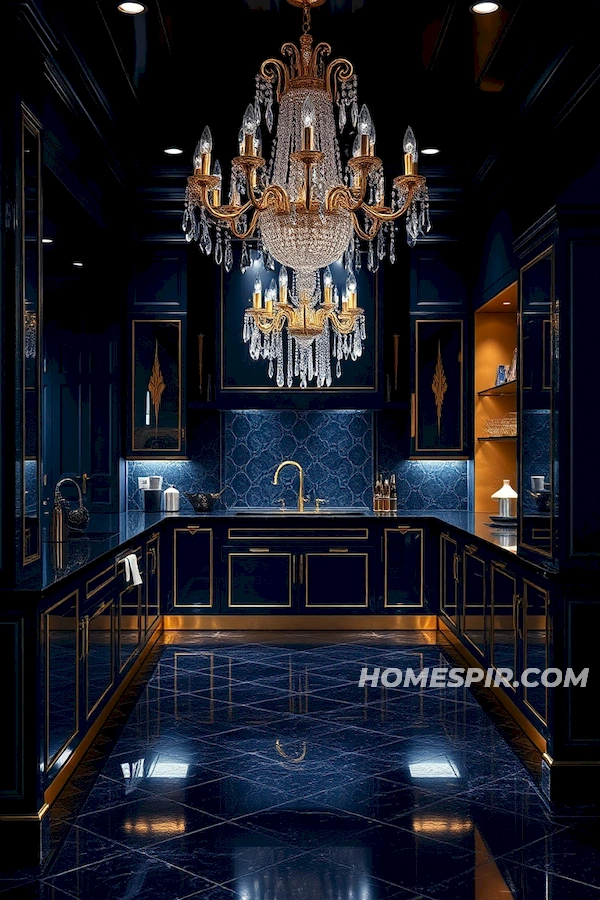 Crystal Chandelier in Midnight Kitchen Design