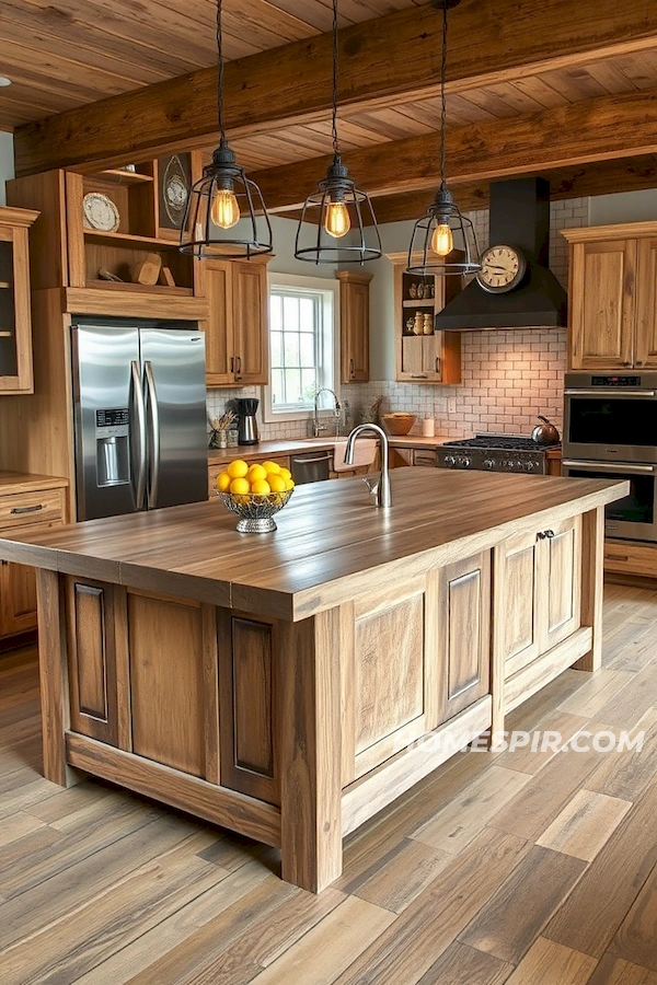 Distressed Wood Island in Farmhouse Kitchen