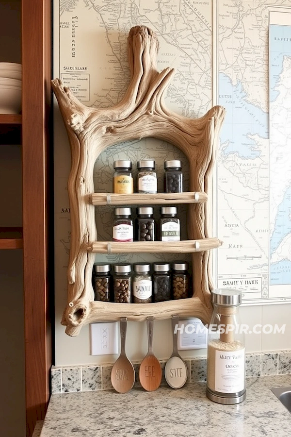 Driftwood Spice Storage on Coastal Map Wall