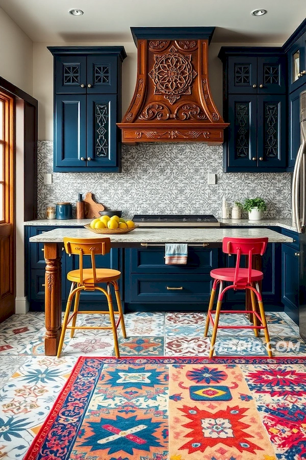 Eclectic Kitchen with Navy Cabinets and Accents