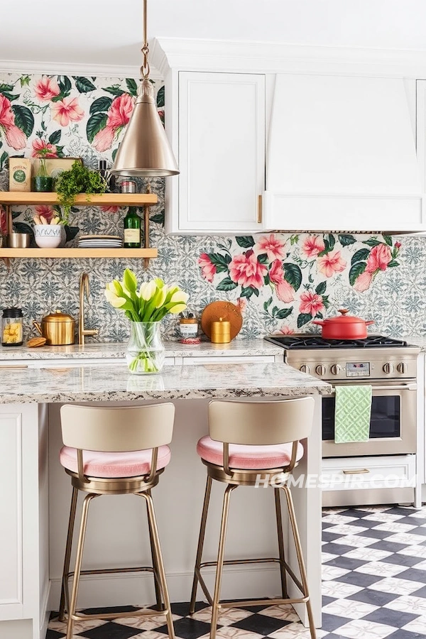 Eclectic Kitchen with Patterned Backsplash and Decor