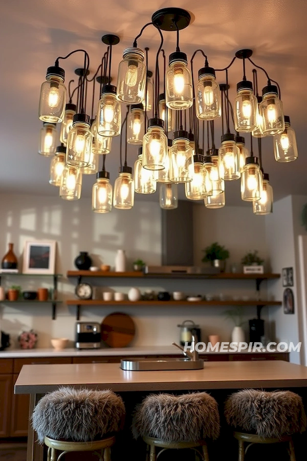 Eclectic Kitchen with Patterned Upholstery and Jar Lights