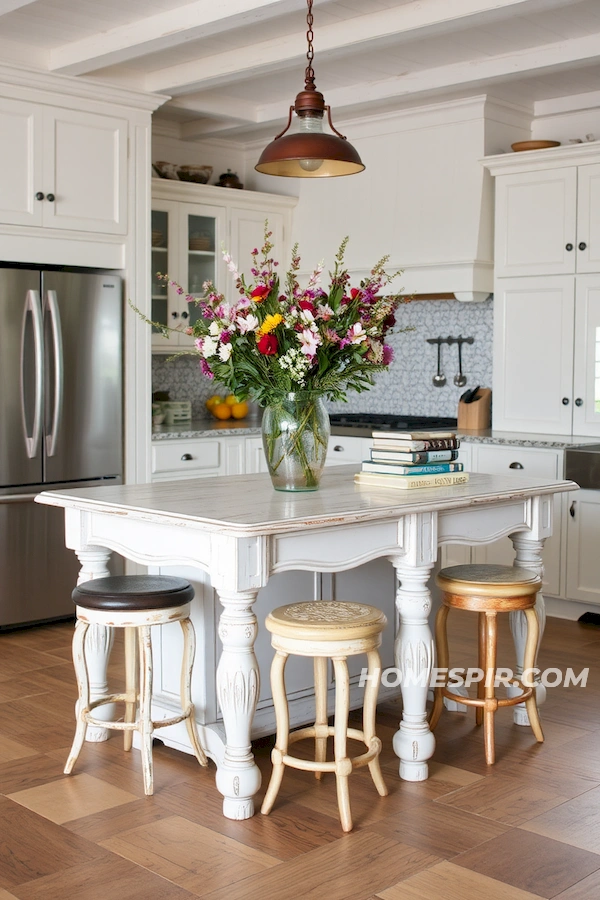 Eclectic Stools and Antique Island in Shabby Chic Kitchen