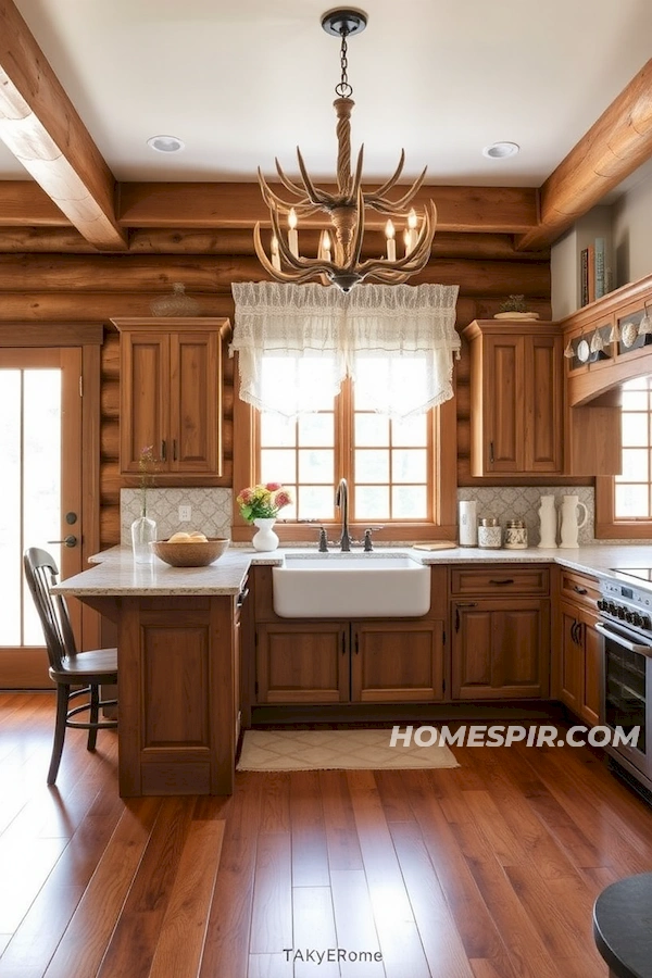 Elegant Log Kitchen with Hardwood Floors