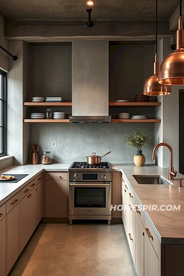 Exposed Concrete and Copper Minimalist Kitchen