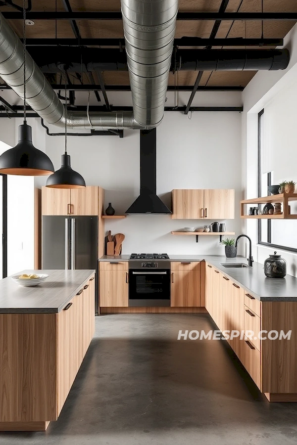 Exposed Ductwork in Industrial Minimalist Kitchen