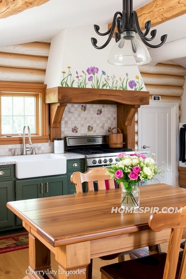 Floral Arrangements Enhance Log Kitchen Charm