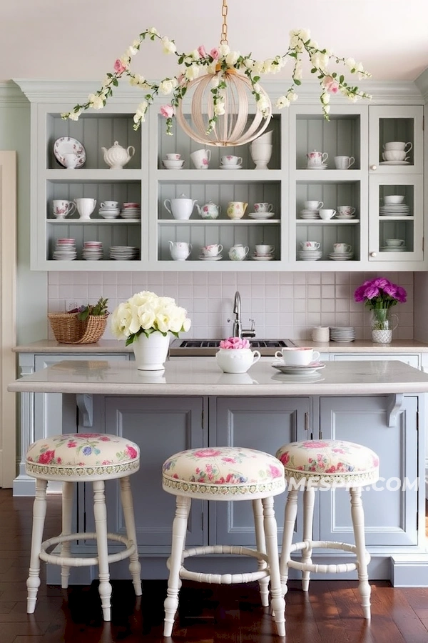 Floral Stools and Pale Blue Island in Shabby Chic Setting