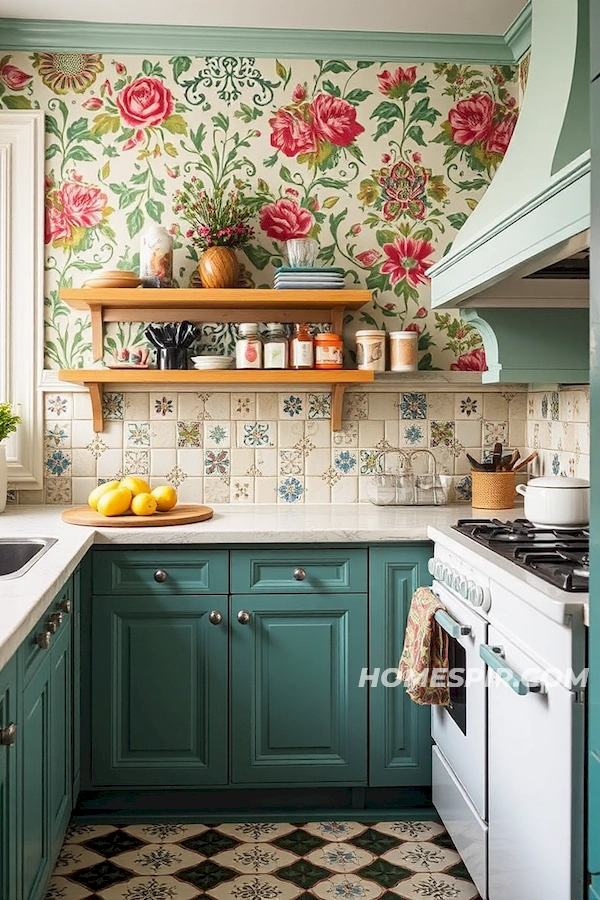 Floral Wallpaper with Retro Tiles