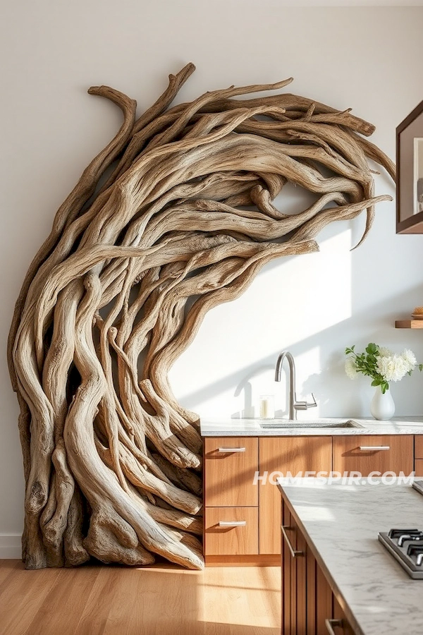 Flowing Driftwood Wave as Kitchen Centerpiece