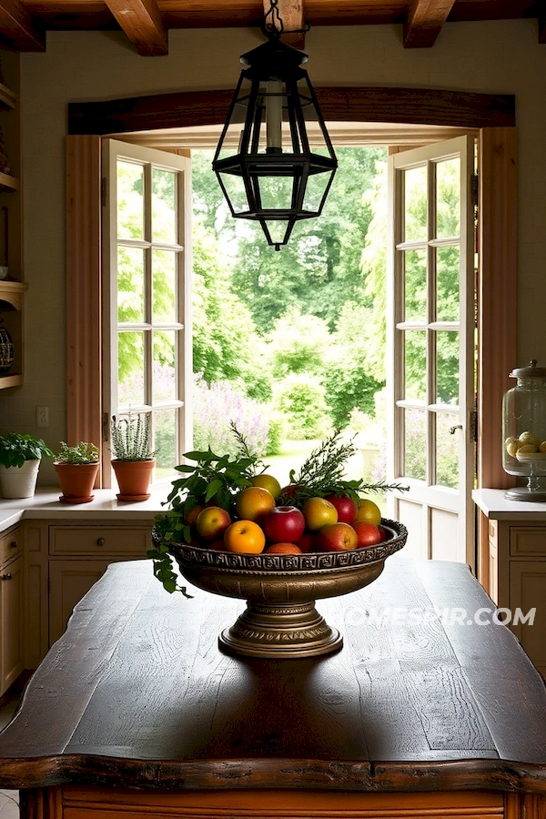 Garden-Reflective French Kitchen with Antique Centerpiece