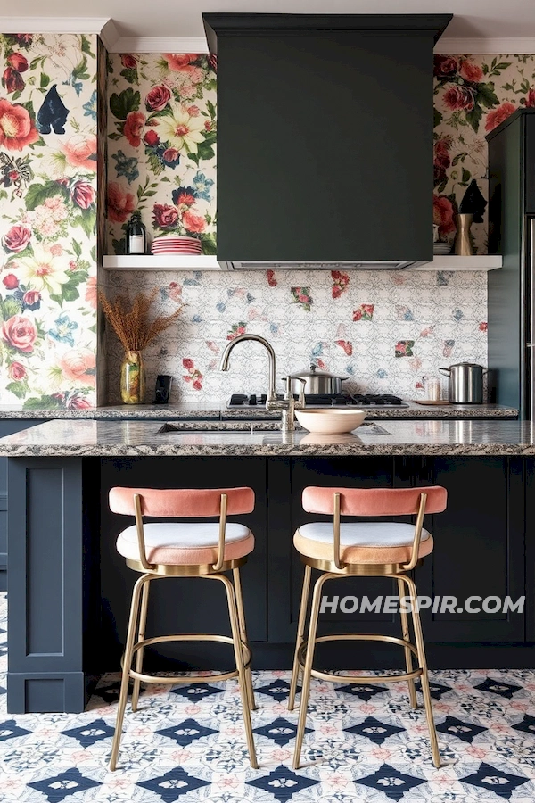 Geometric and Floral Design Fusion in Eclectic Kitchen