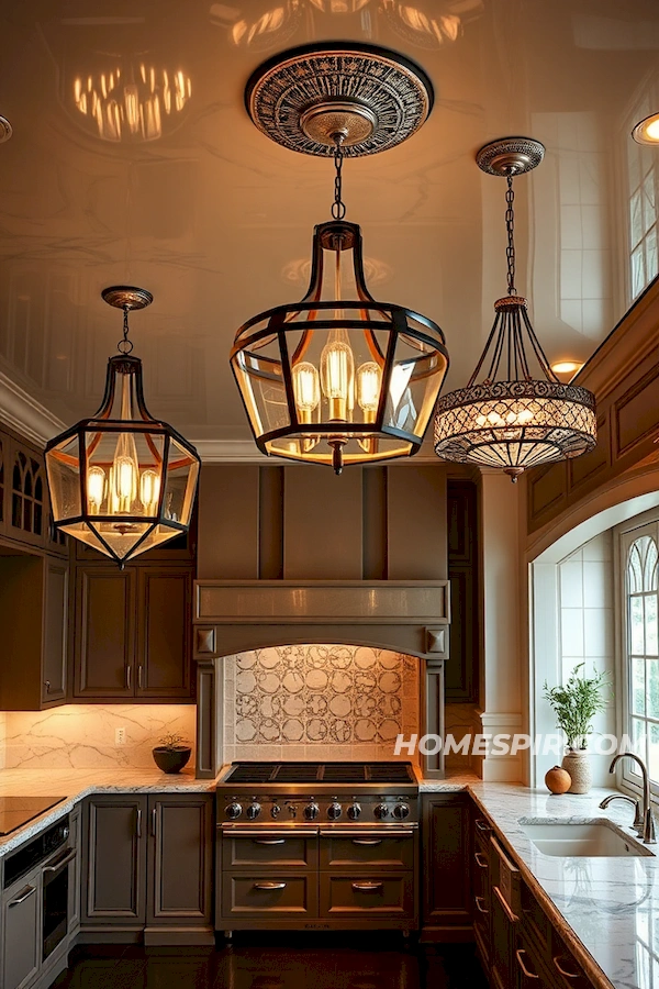 Geometric Chandeliers in Luxury Kitchen