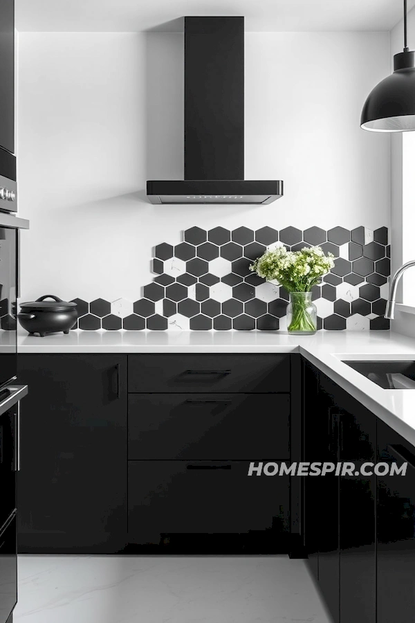 Geometric Tiled Backsplash in Monochrome Design