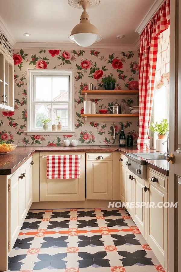 Geometric Tiles Floral Wallpaper Vintage Kitchen