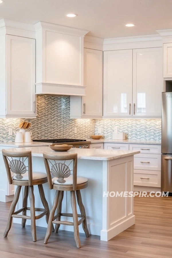 Glossy Blue Tile Backsplash With Seashells