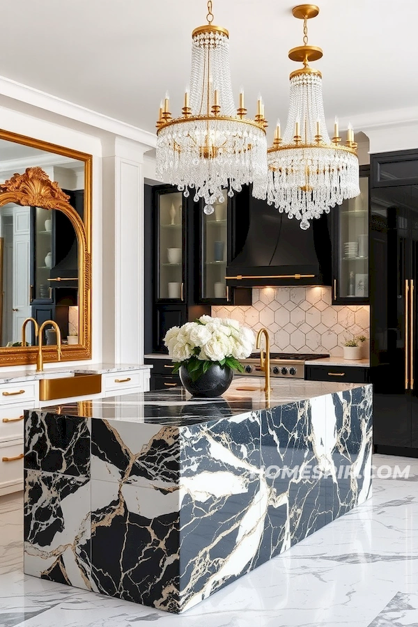 Glossy Cabinets and Gold Hardware Opulence