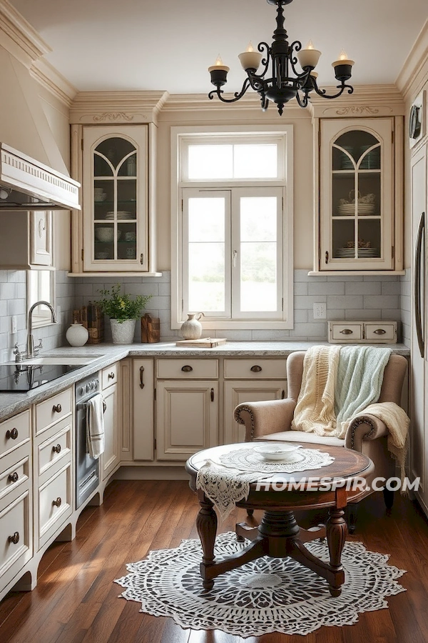 Granite and Distressed Cabinets in Shabby Chic Harmony