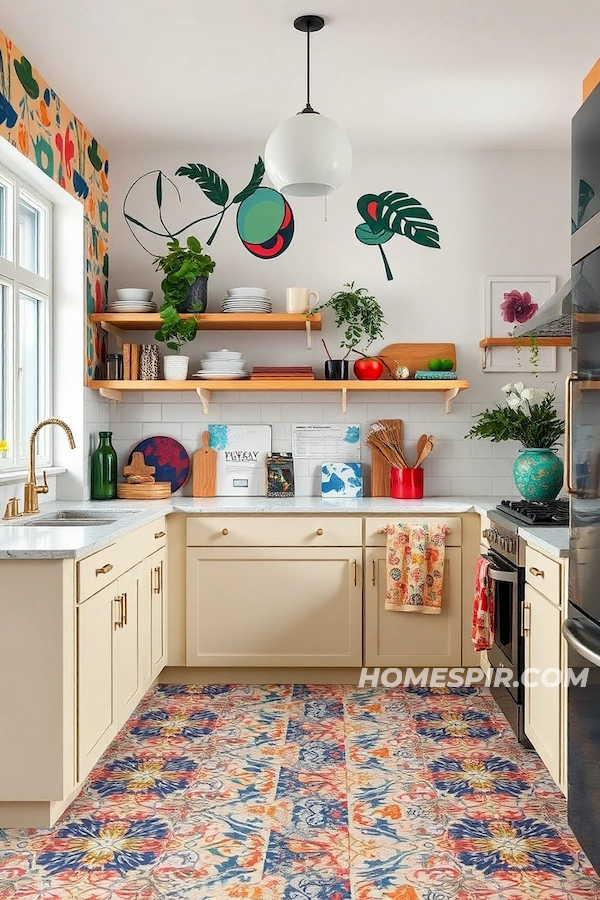 Graphic Wallpaper and Eclectic Tiles Kitchen