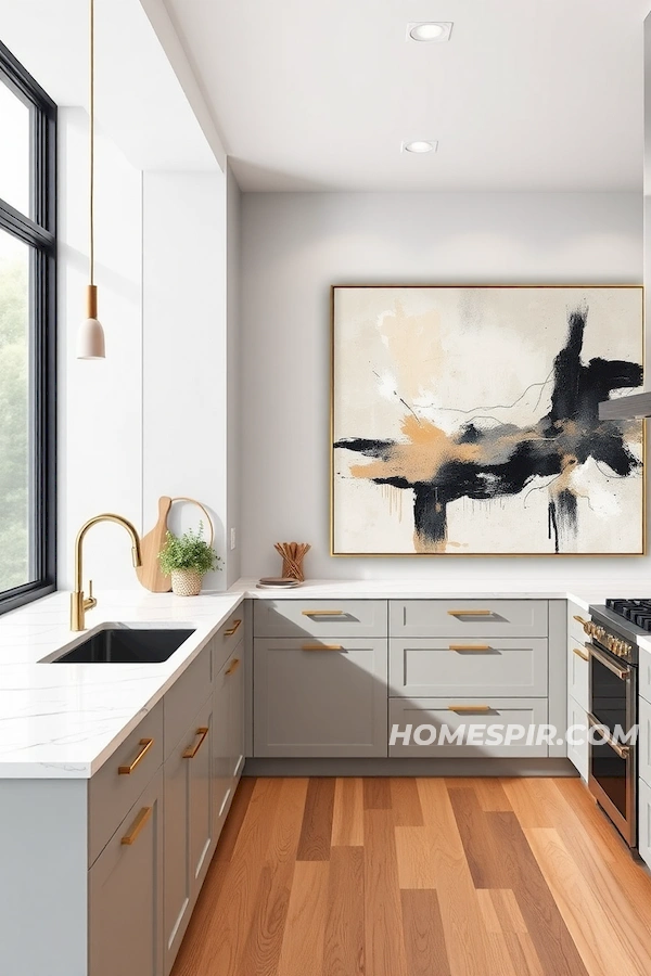 Gray Cabinets Framing Bold Art Piece