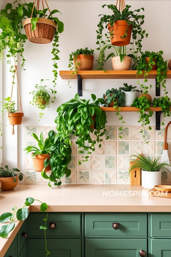 Hanging Planters and Pastel Tiles in Boho Kitchen