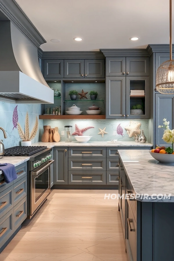 High-End Coastal Kitchen with Sea Life Backsplash