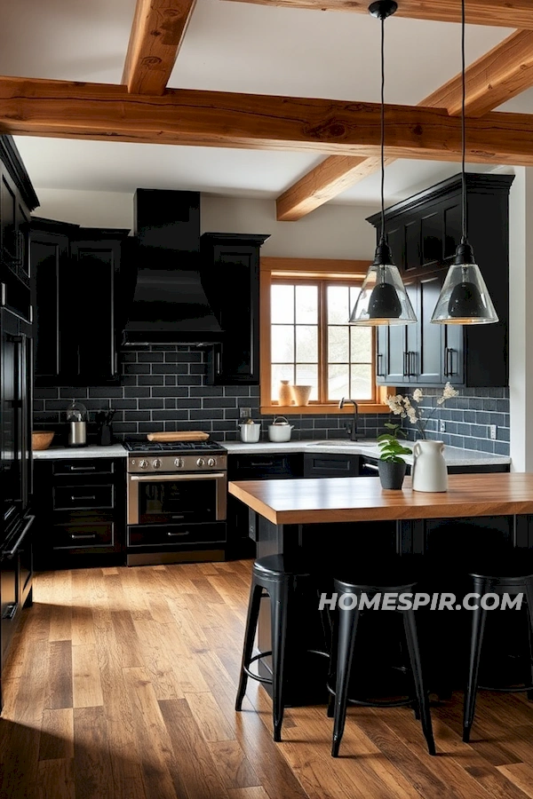 High-Gloss Black Cabinets and Beams