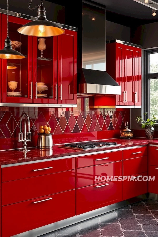 Industrial Deco Elements in Glossy Crimson Kitchen