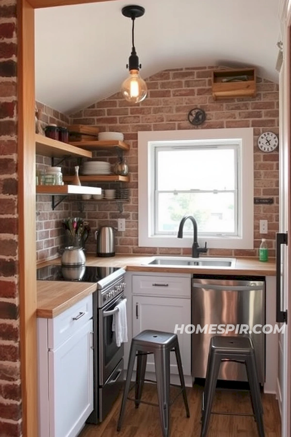 Industrial Kitchen with Exposed Brick Walls