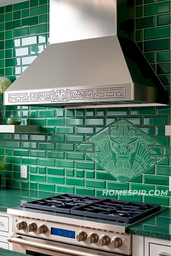 Intricate Art Deco Motifs in Emerald Kitchen