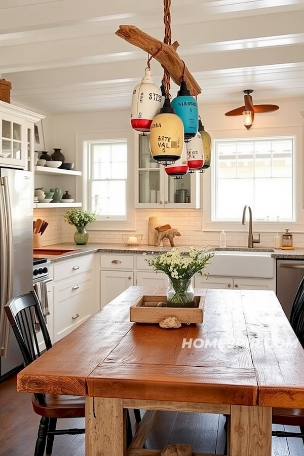 Inviting Buoy Pendants Over Driftwood Dining Table