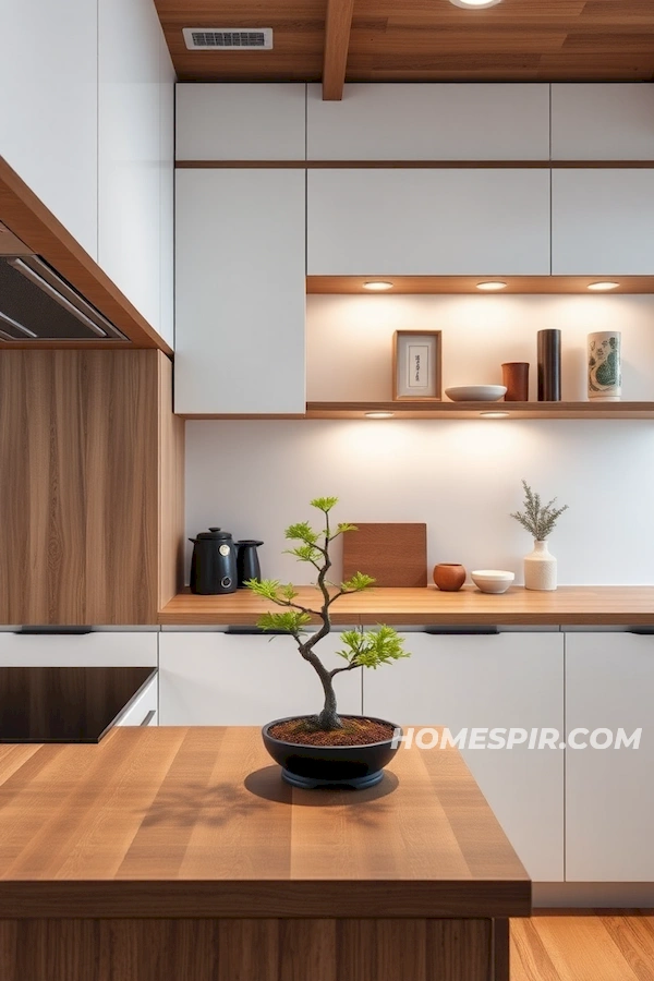 Japanese Kitchen Decor with Bonsai and Clean Lines