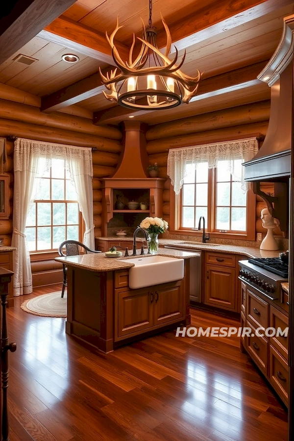 Lace Curtains in Elegant Log Kitchen