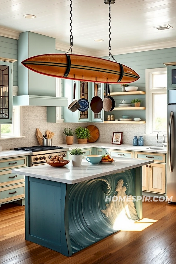 Large Surfboard Pot Rack in Stylish Kitchen