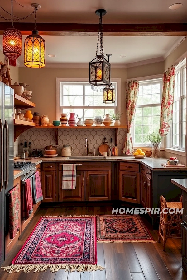 Layered Rugs and Lanterns in Bohemian Inspired Kitchen