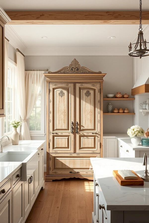 Linen Curtains and Vintage Armoire in Sunlit Kitchen