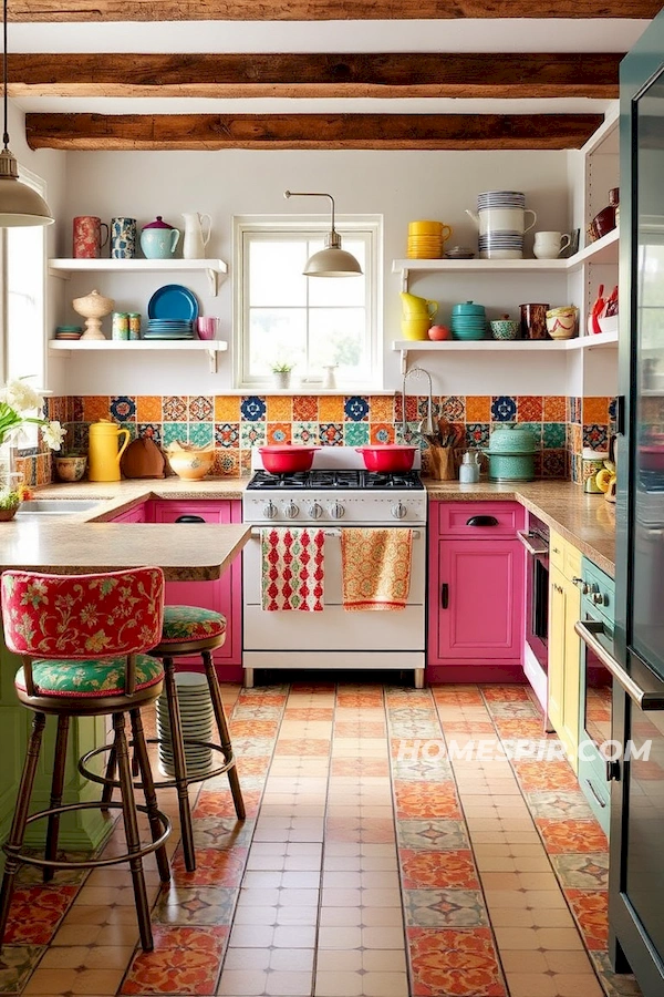 Lively Kitchen with Vintage Tiles and Upholstery