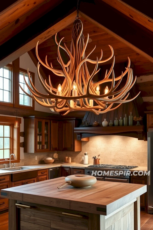 Log Kitchen with Unique Antler Lighting