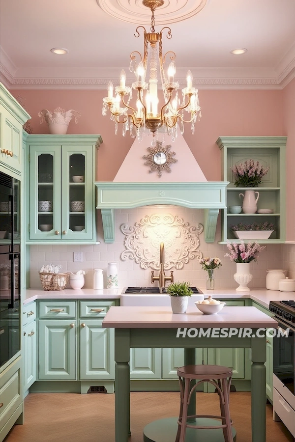 Mint and Blush Accents in Paris Cafe Kitchen