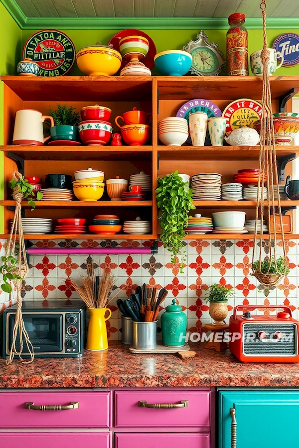 Mismatched Vintage Dishware in Vibrant Space