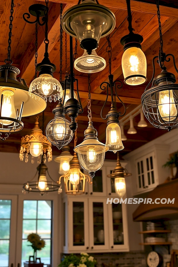 Mix of Chandeliers and Rustic Lights in Chic Kitchen